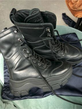 Prada Black Leather Combat Moto Boots